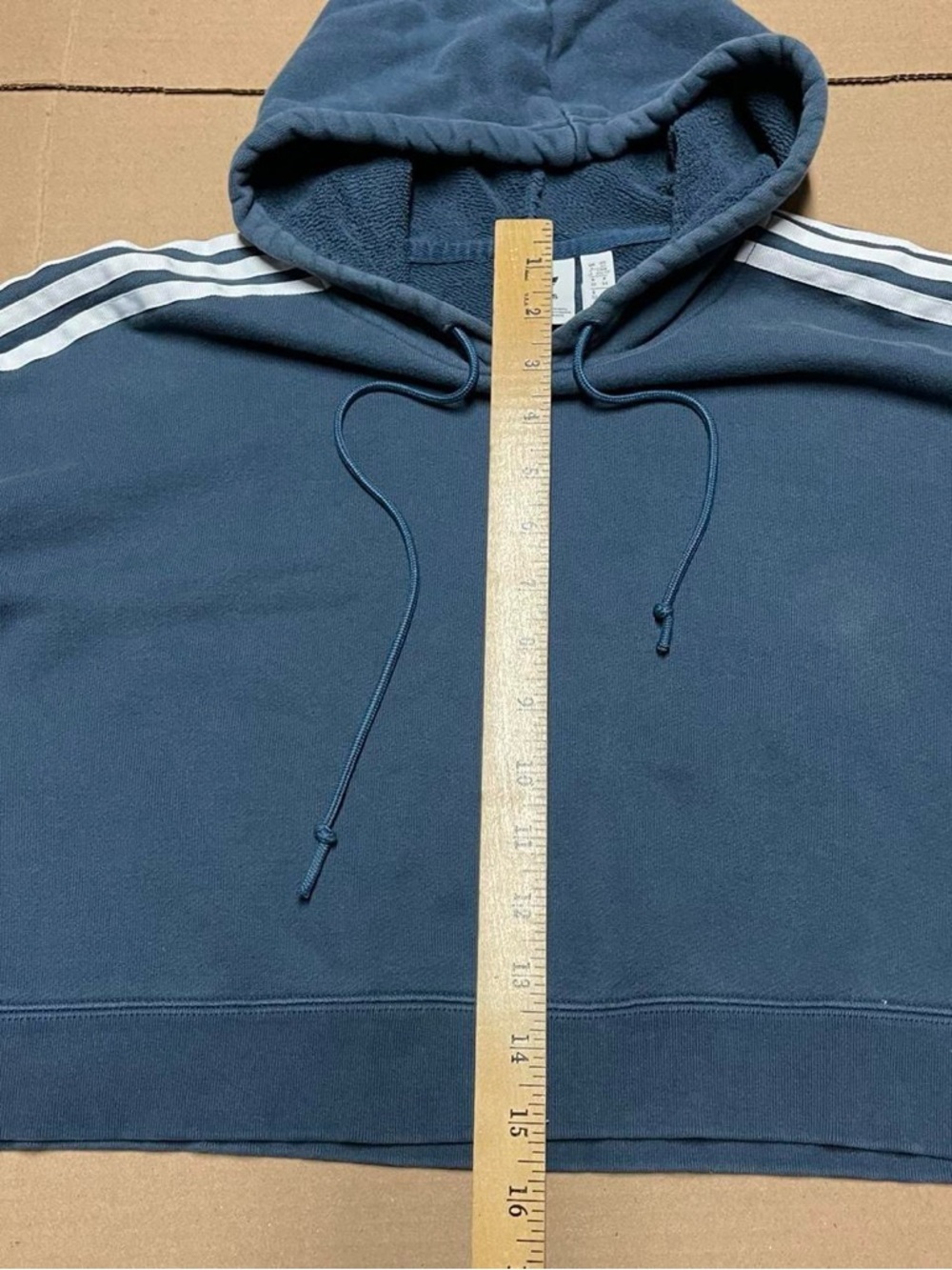 Adidas Cropped Hoodie Womens Sz 6 Small Navy Blue Boxy Sweatshirt 3 Stripe Logo - Picture 7 of 8